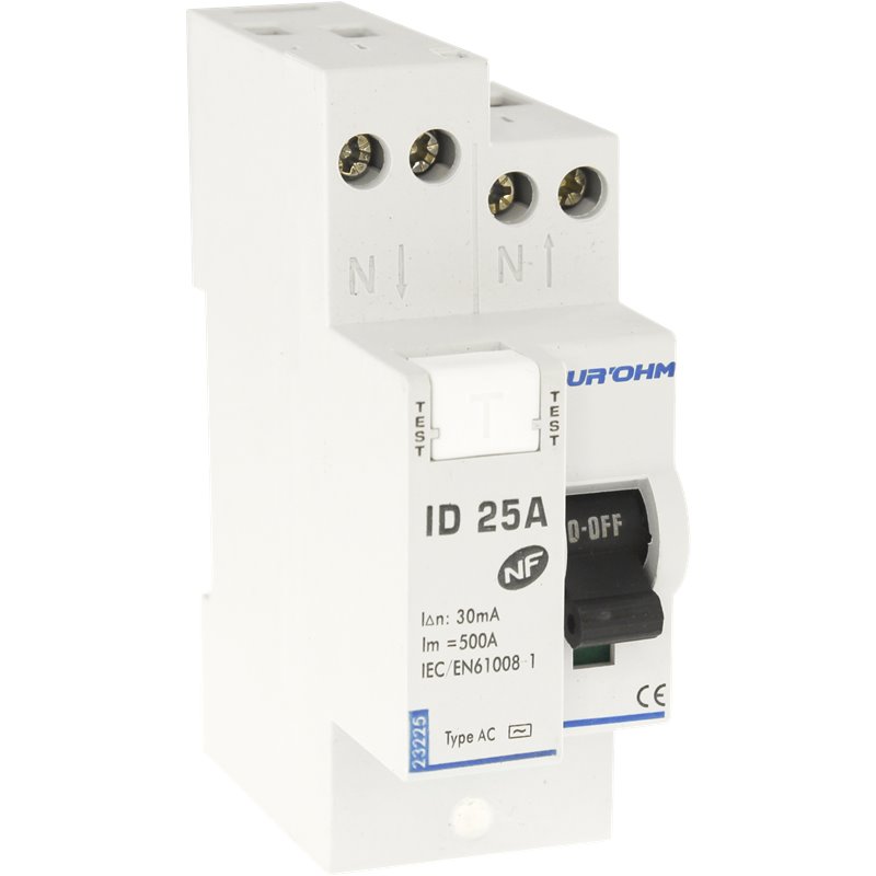 Interrupteur différentiel 25A 1P+N 30mA connexion haut/haut Classe AC Eurohm 23225