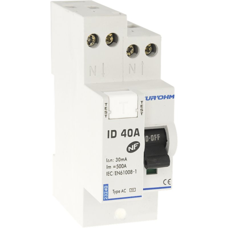 Interrupteur différentiel 40A 1P+N 30mA connexion haut/haut Classe AC Eurohm 23240