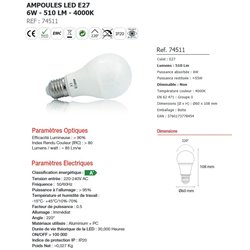 Ampoule led E27 - Bulb -  6W - 4000K  ( boite )