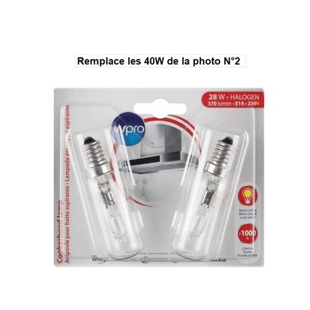 Ampoule hotte E14 T25L - 40W - 200V - blister de 2 ampoules 81mm x 23 mm LMH139