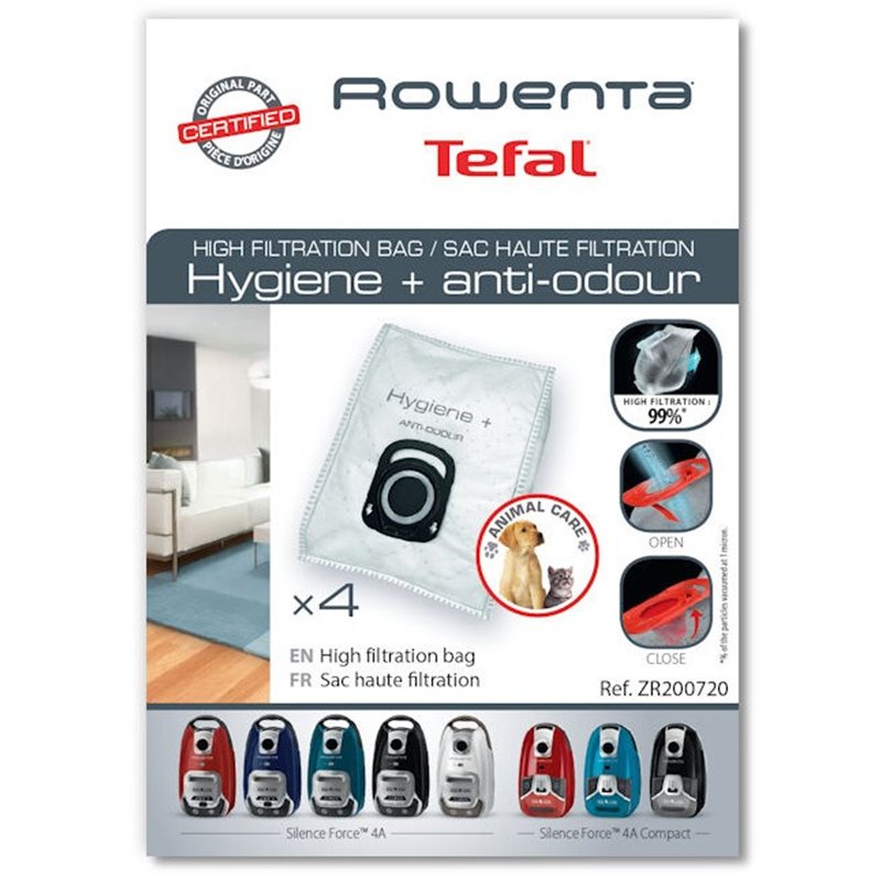 Boite de 4 sacs haute filtration hygiène + anti odeur pour Silence Force Rowenta ZR200720